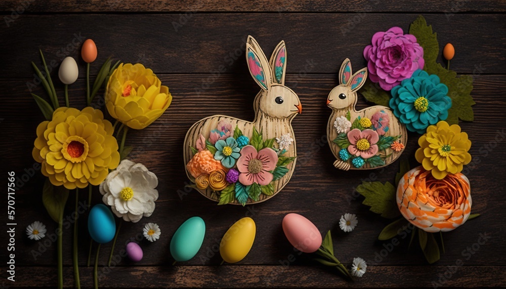  a wooden table topped with fake flowers and easter eggs and a bunny figurine on top of it next to a