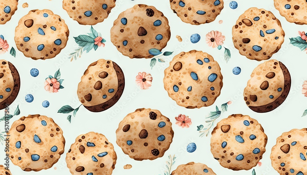  a watercolor painting of chocolate chip cookies and blueberries on a blue background with flowers a