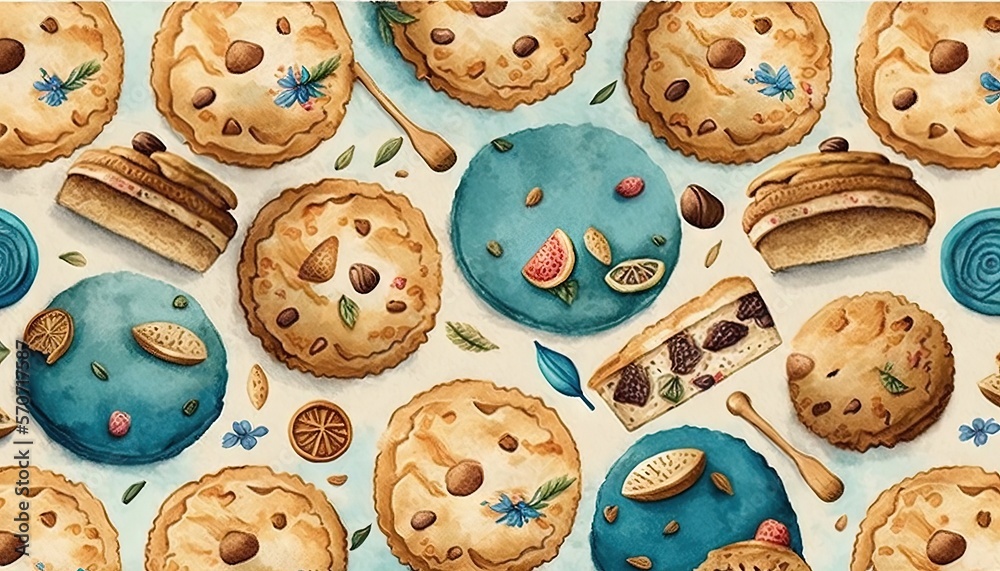  a painting of a variety of cookies and pies on a blue background with leaves and flowers on the edg