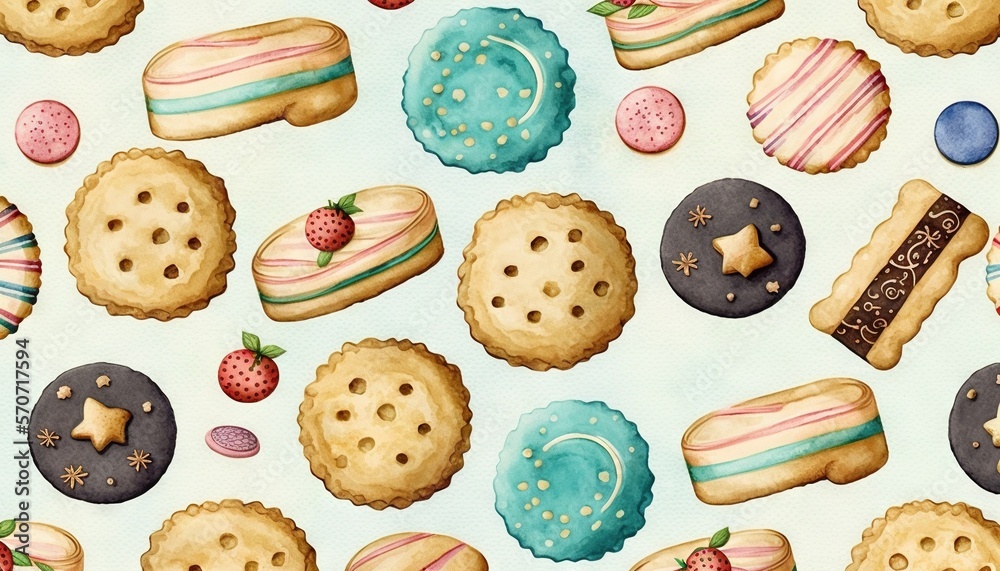  a pattern of cookies and pastries on a blue background with stars, stripes, and dots on its edges 