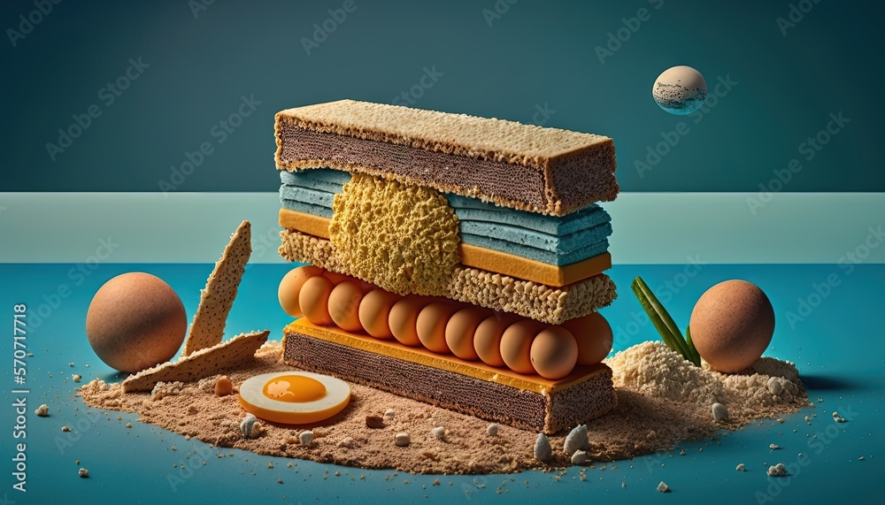  a stack of food with eggs and bread on top of it, with an egg in the middle of the stack, and a hal