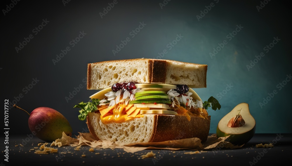  a sandwich made out of sliced apples and other fruits and vegetables on a black surface with a dark