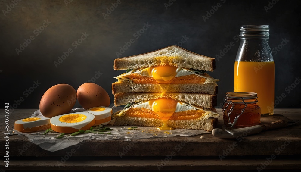  a sandwich with eggs and orange juice on a wooden table next to a bottle of orange juice and a glas