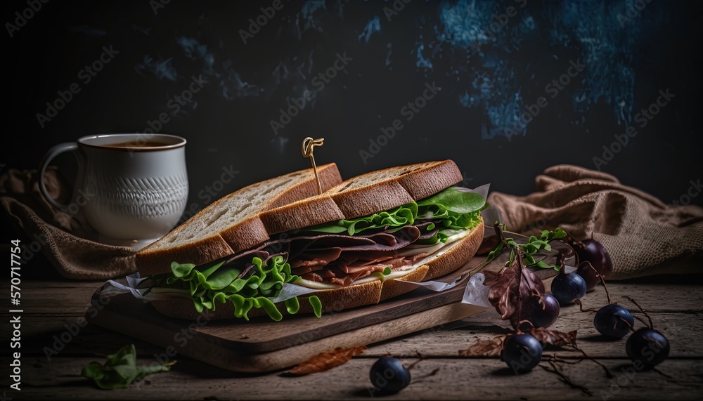  a sandwich on a cutting board next to a cup of coffee and berries on a wooden table with a cloth on