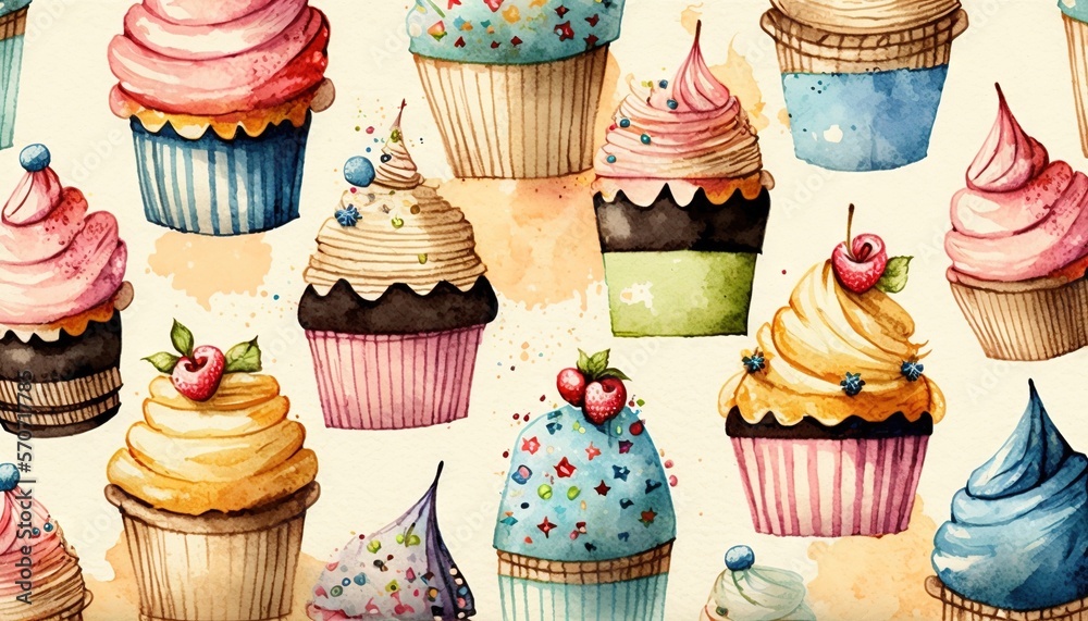  a watercolor painting of a bunch of cupcakes with different toppings and toppings on top of each cu