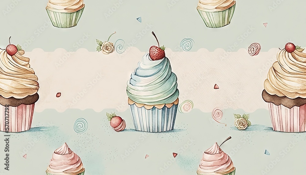  a painting of cupcakes and strawberries on a blue and pink background with swirls and sprinkles on 