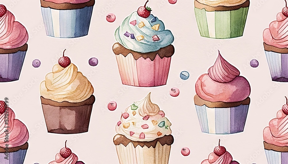  a pattern of cupcakes with different toppings on a pink background with a strawberry on the top of 