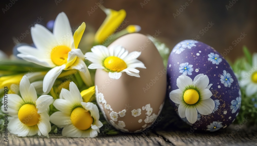  a group of eggs with daisies on a wooden table with grass and flowers in the foreground and a brown