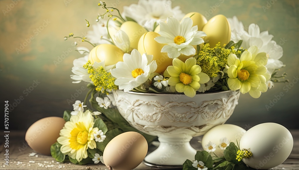  a white vase filled with yellow and white flowers next to eggs and daisies on a wooden table with a