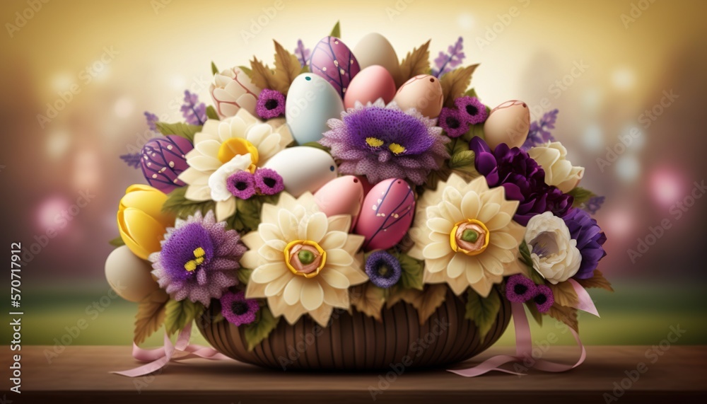  a basket filled with flowers and eggs on a wooden table next to a blurry background with lights and