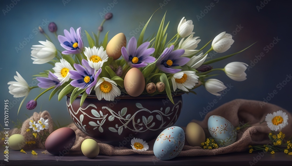  a painting of a vase filled with flowers and eggs on a table with a cloth on the side of the vase a