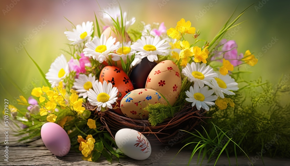  a basket filled with eggs and daisies on top of a wooden table next to a grass covered field of flo