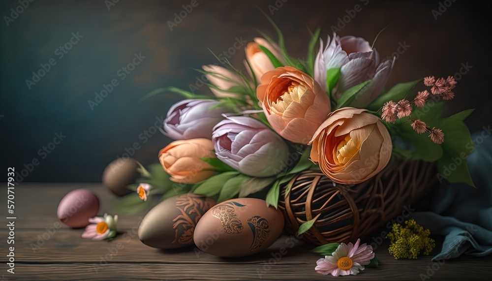  a painting of flowers and eggs in a basket on a wooden table with a blue cloth on the table and a b