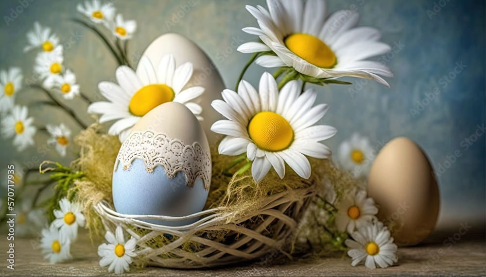  a basket filled with eggs and daisies on top of a wooden table next to a blue wall and a blue wall 