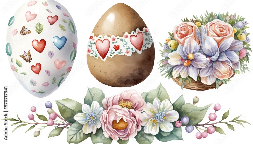  a watercolor painting of flowers, eggs, and a basket of eggs with hearts and flowers on them, and a