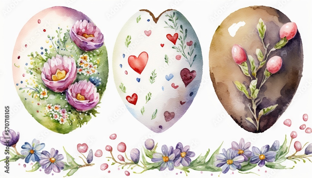  three watercolor easter eggs with flowers and hearts on the sides of them, one painted in watercolo