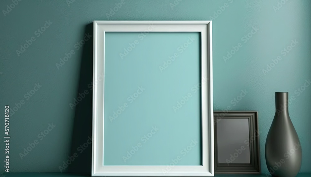  a picture frame sitting on a shelf next to a vase and a picture on a wall with a blue wall in the b