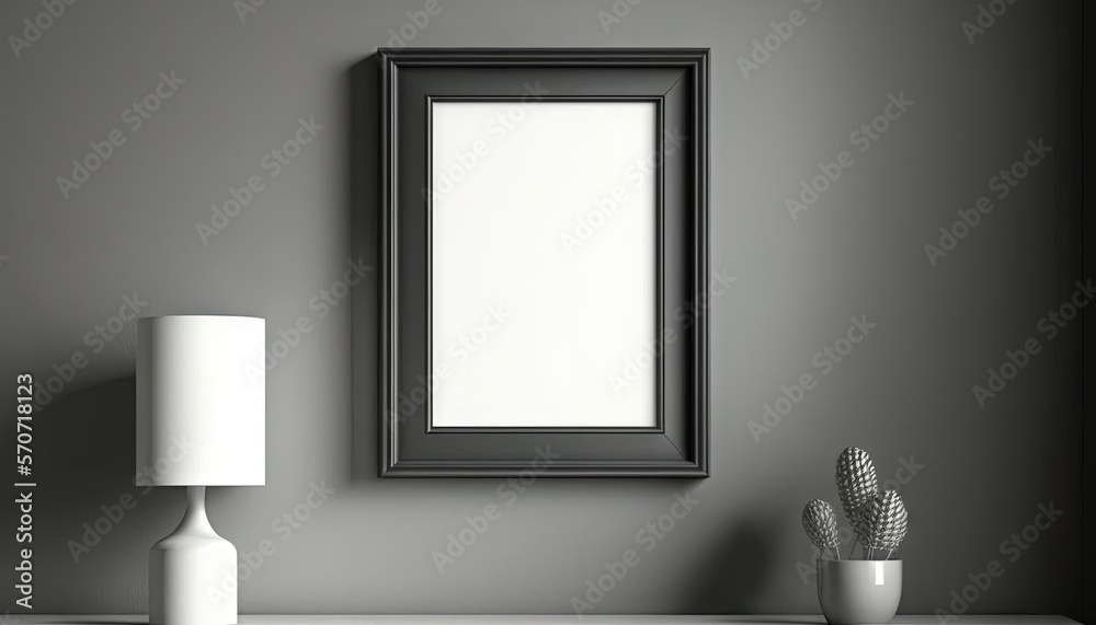  a black framed mirror on a gray wall next to a white vase with a cactus in it and a white lamp on a