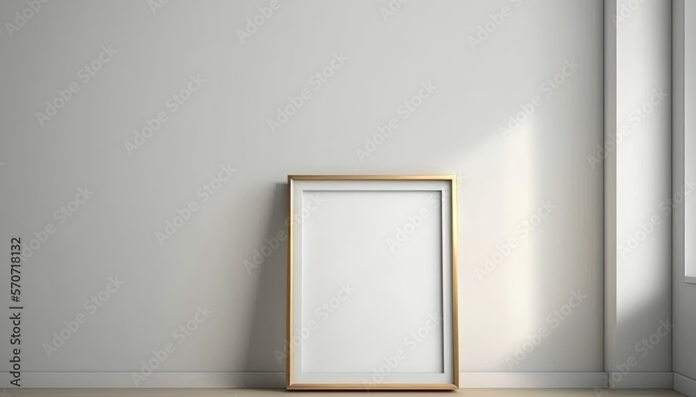  an empty picture frame on the floor in front of a white wall with sunlight coming through the windo