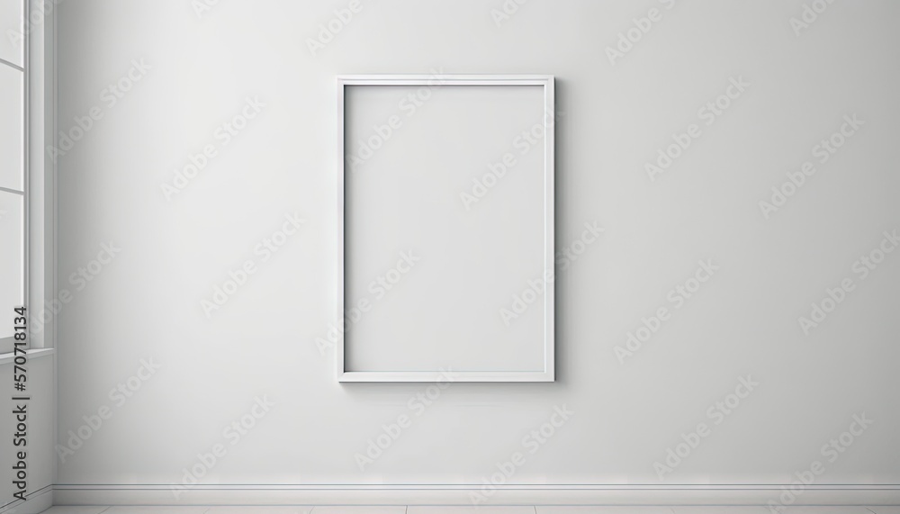  an empty picture frame hanging on a wall in an empty room with a window and a tiled floor in front 