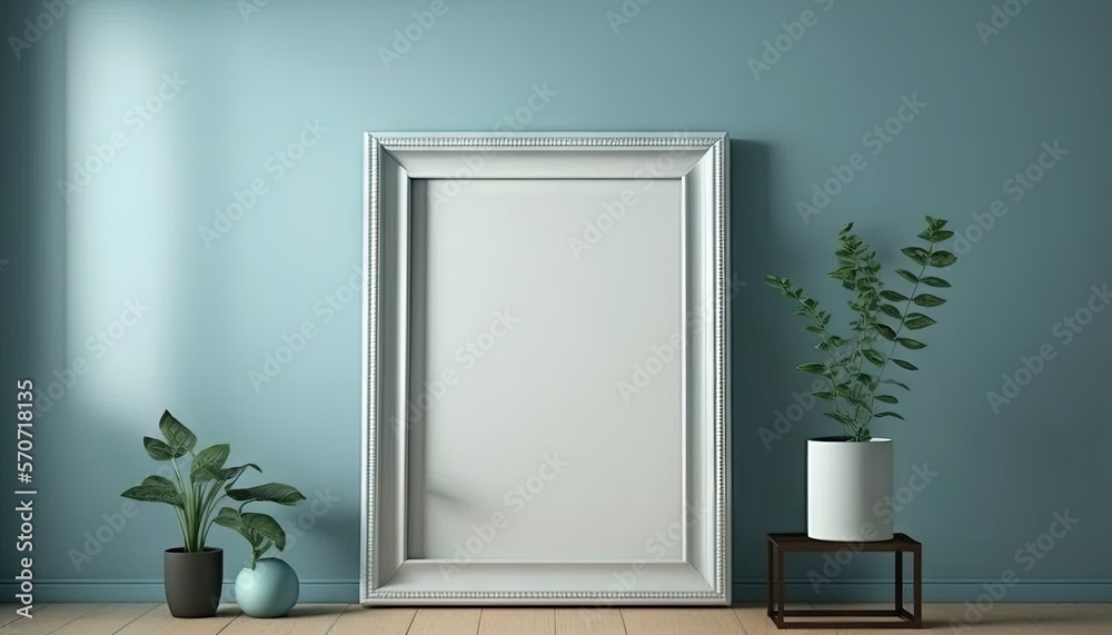  a picture frame sitting next to a potted plant on a wooden floor next to a blue wall with a white f