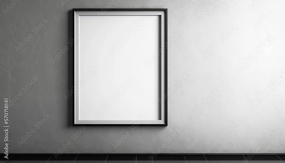  an empty picture frame hanging on a wall next to a tiled floor and a wall mounted urinal with a lig