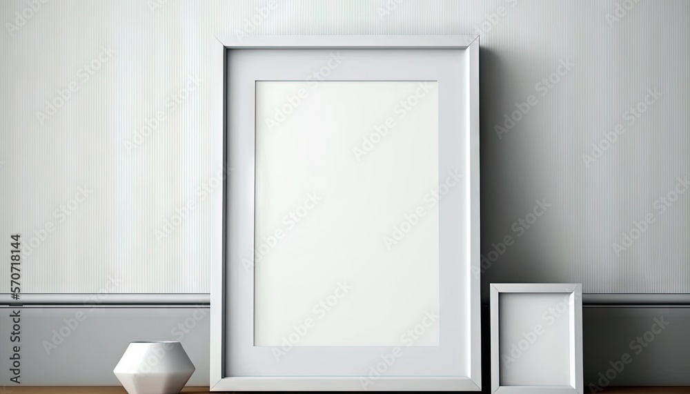  a white picture frame sitting on top of a wooden table next to a white vase and a white vase on a w