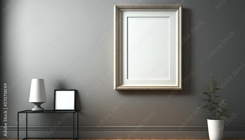  an empty picture frame on a wall next to a lamp and a table with a potted plant on it in a room wit