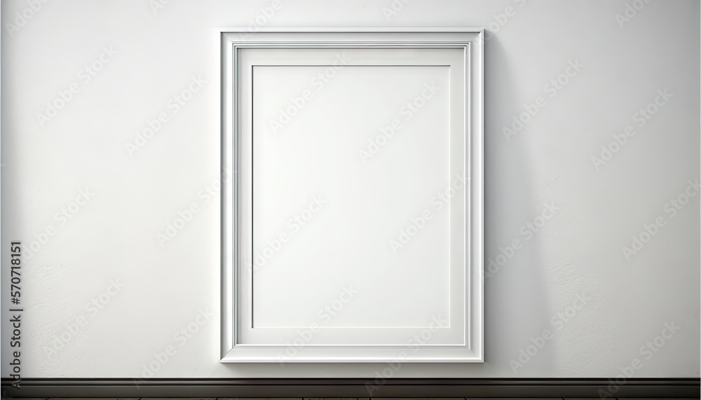  a white picture frame on a white wall with a black floor and a white wall with a black floor and a 