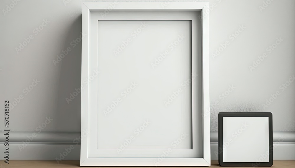  a white picture frame next to a black picture frame on a wooden floor with a white wall in the back