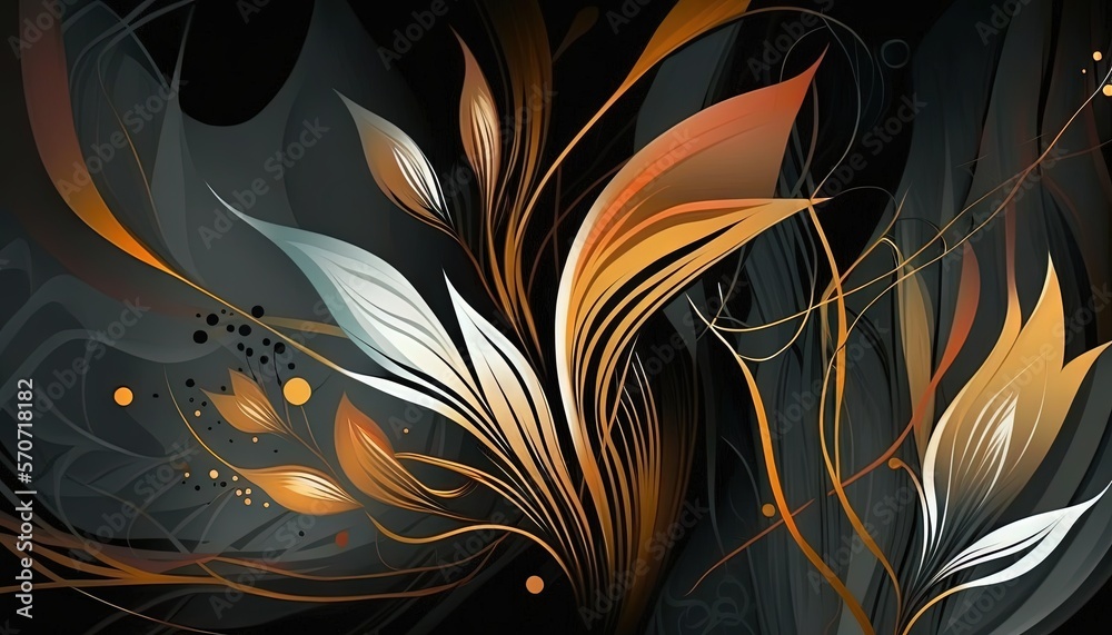  a painting of a black and orange flower with gold accents on its petals and a black background wit