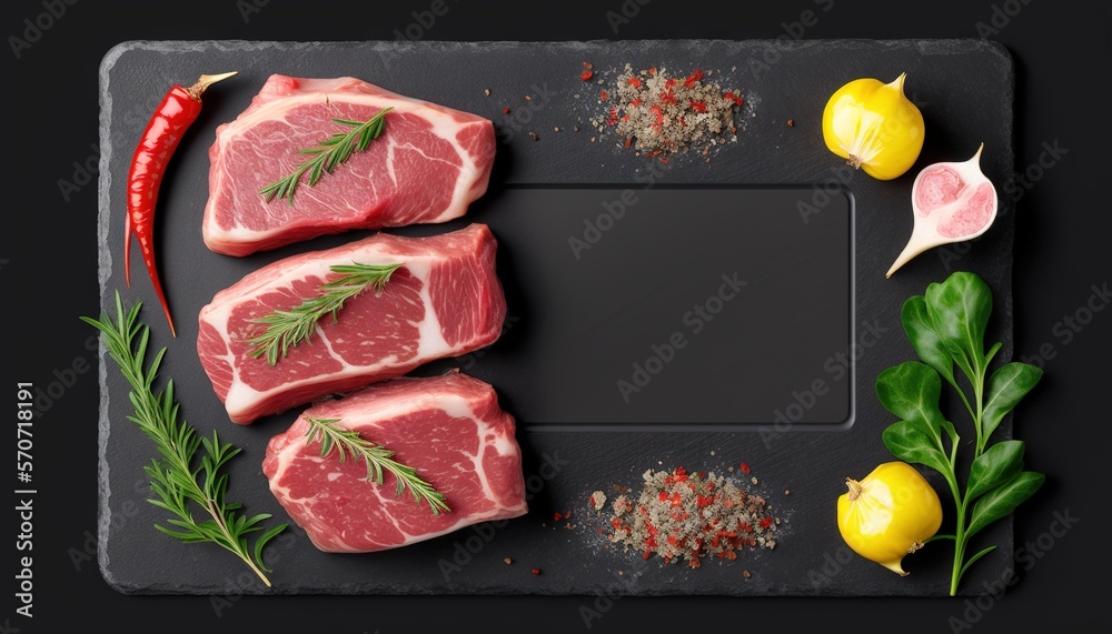  raw meat on a cutting board with spices and herbs on a black background with a place for a name on 