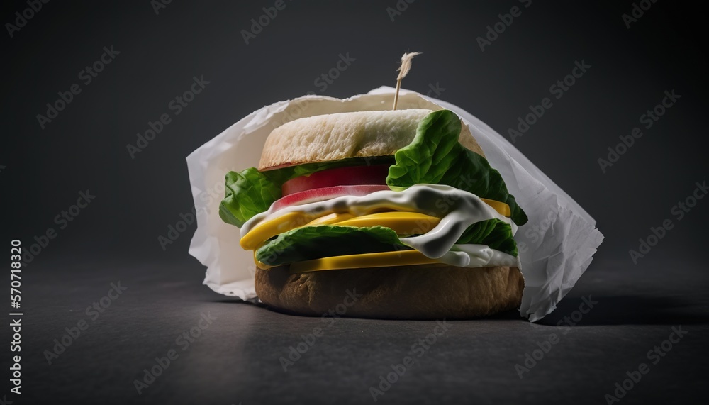  a sandwich with lettuce, tomato, cheese, and mayonnaise on a black surface with a black background 