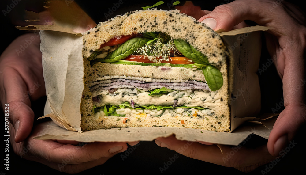  a person holding a sandwich in their hands with a sandwich in the middle of the sandwich and a sand