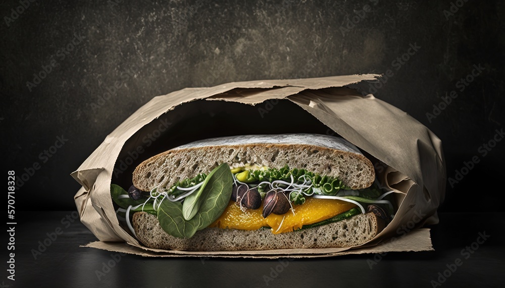  a sandwich in a brown paper bag on a black surface with a black background and a black background b