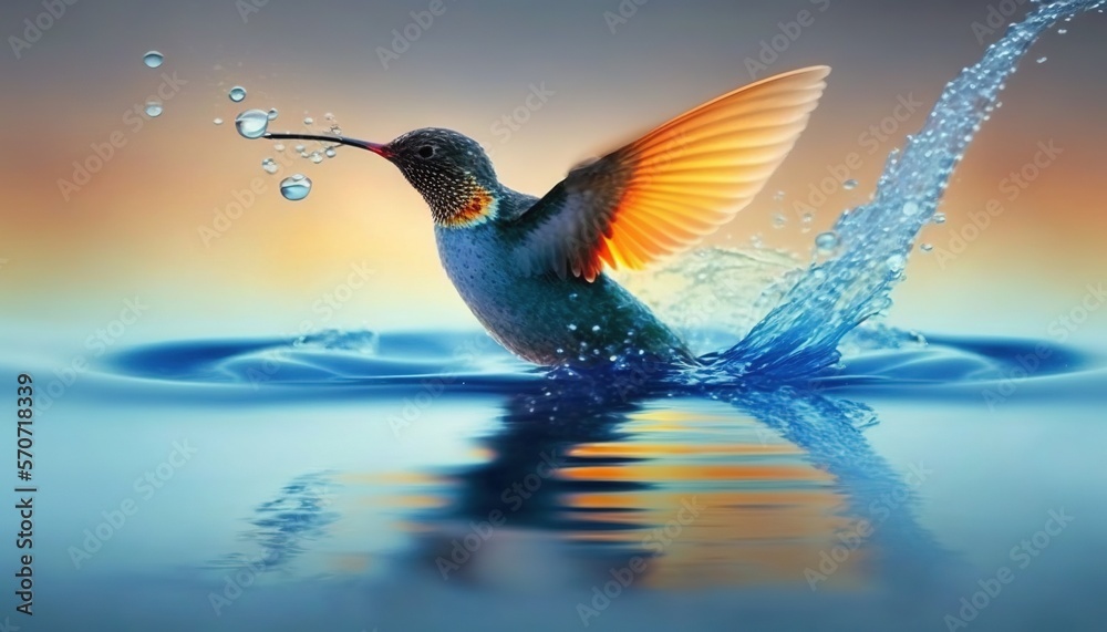  a hummingbird splashing water into a body of water with its wings spread out and its wings are spre