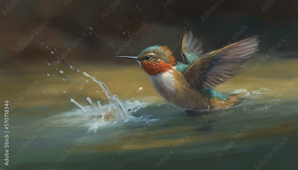  a painting of a hummingbird splashing in the water with its wings spread out and its wings spread o