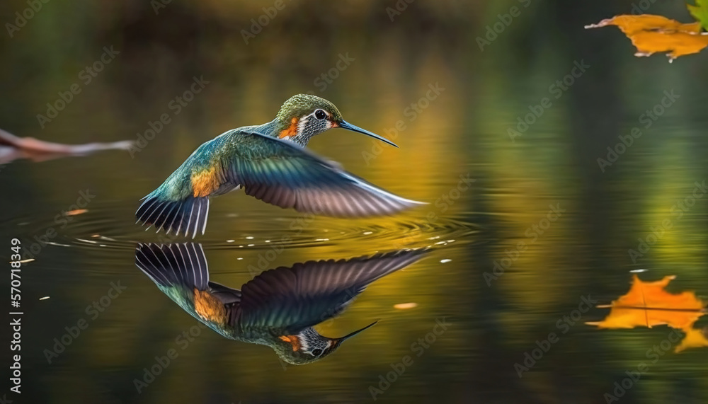  a bird flying over a body of water with leaves floating on the water and in the background is a tre