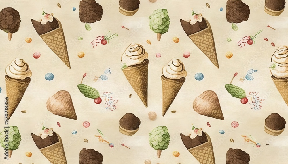  a pattern of ice cream cones with toppings on a cream background with a variety of toppings on the 