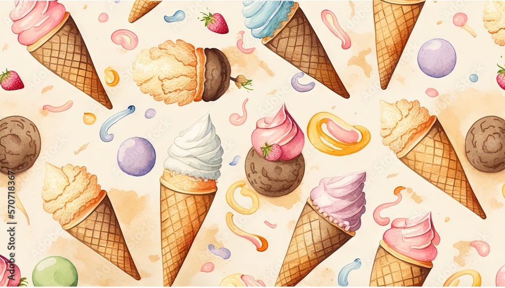  a painting of ice cream cones and ice cream cones on a white background with a pattern of ice cream