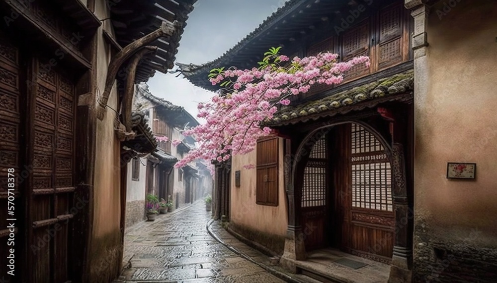  a narrow street with a pink flowering tree in the middle of the alleyway of an old chinese town in 