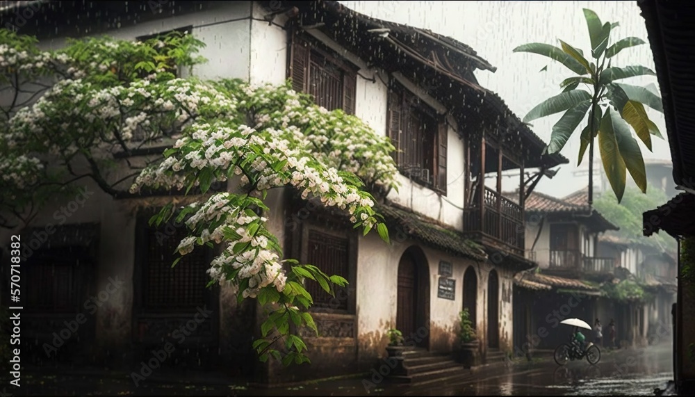  a person riding a bike down a rain soaked street with an umbrella over their head and a tree with w