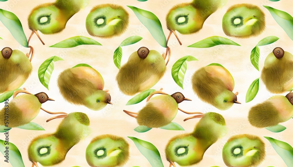  a painting of a bunch of fruit on a white background with green leaves and a green apple in the mid