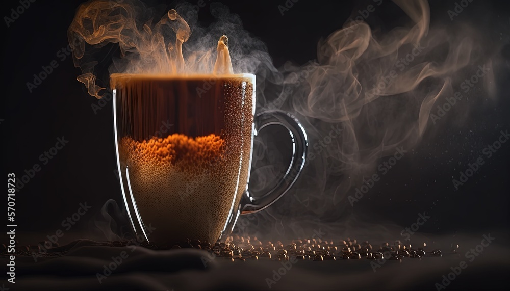  a cup of coffee with steam rising out of the top of the cup and steam rising out of the top of the 