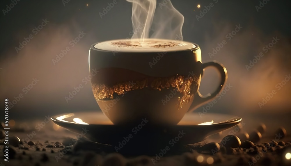  a cup of coffee with steam rising out of it on a saucer on a table with coffee beans and coffee bea