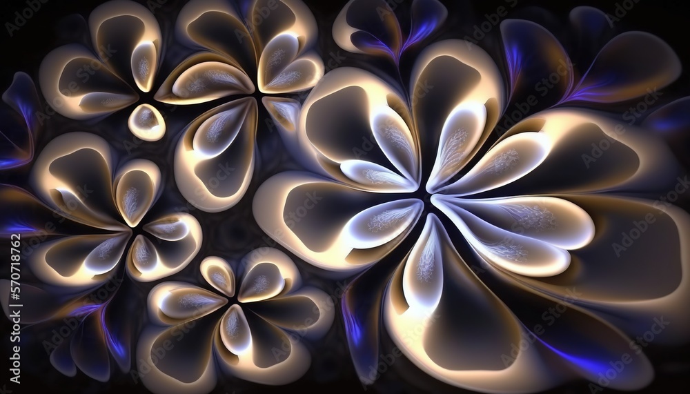  a computer generated image of a flower with blue and white petals on a black background, with a bla