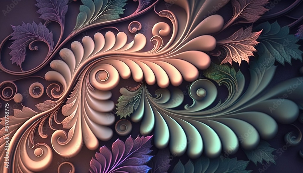  a computer generated image of leaves and swirls on a dark background with blue and pink colors and 