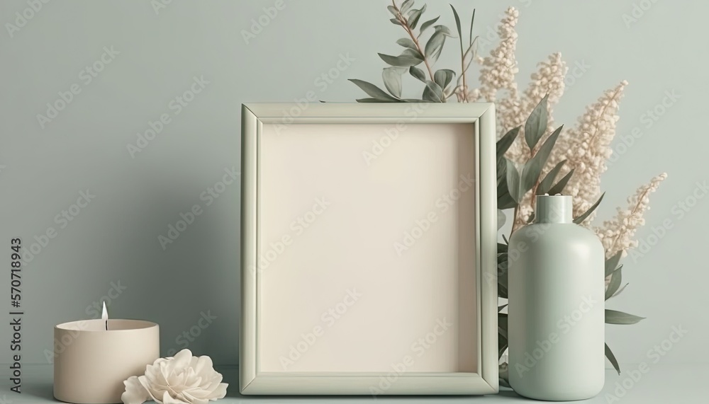  a picture frame, vase, candle, and flower arrangement on a gray background with a white candle and 