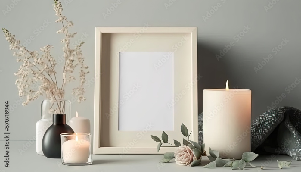  a picture frame, candles, and flowers are on a table next to a candle holder and a vase with a whit