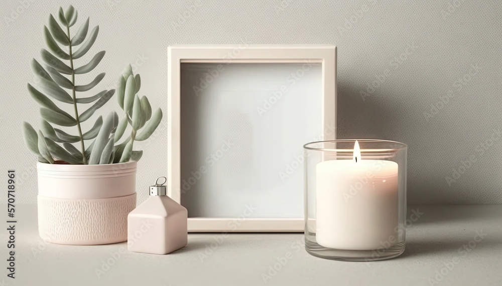  a candle and a picture frame on a table with a plant and a candle holder on the side of the table w